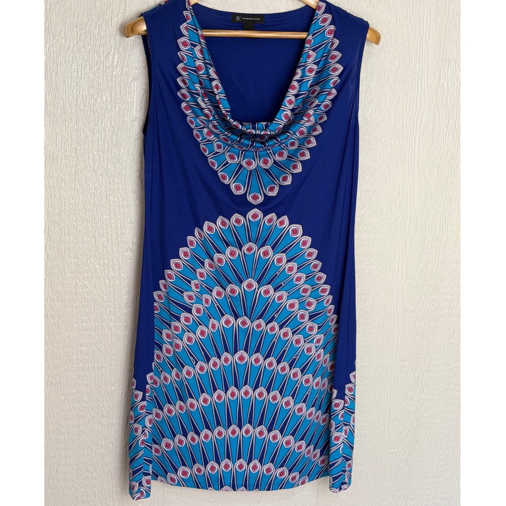 INC International Concepts Blue Peacock Print Cowl Neck Dress Lightweight XL